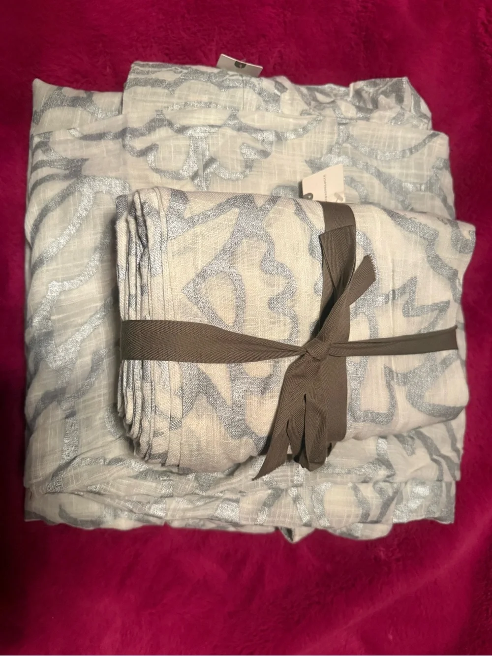 Anthropologie white and silver metallic design curtains NWT